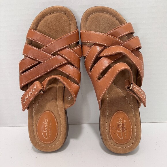 Clarks Reid Newport Women's Cognac Leather Strappy Slide Sandals Size 6 M - Picture 7 of 10